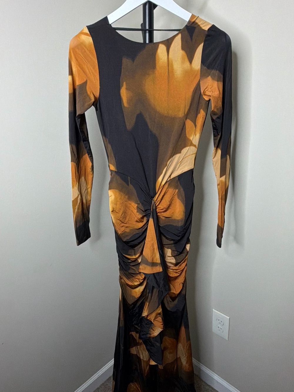 AFRM Black & Amber Long Sleeve Twist Ruched Maxi Dress